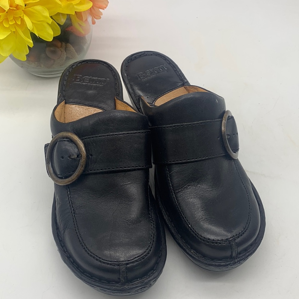 Born Black Leather Mule Clogs with Buckle